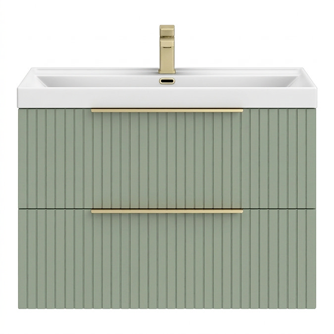 Milan Fluted 800mm Satin Green 2-Drawer Wall Hung Vanity Unit with Brushed Brass Handles