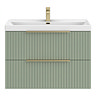 Milan Fluted 800mm Satin Green 2-Drawer Wall Hung Vanity Unit with Brushed Brass Handles