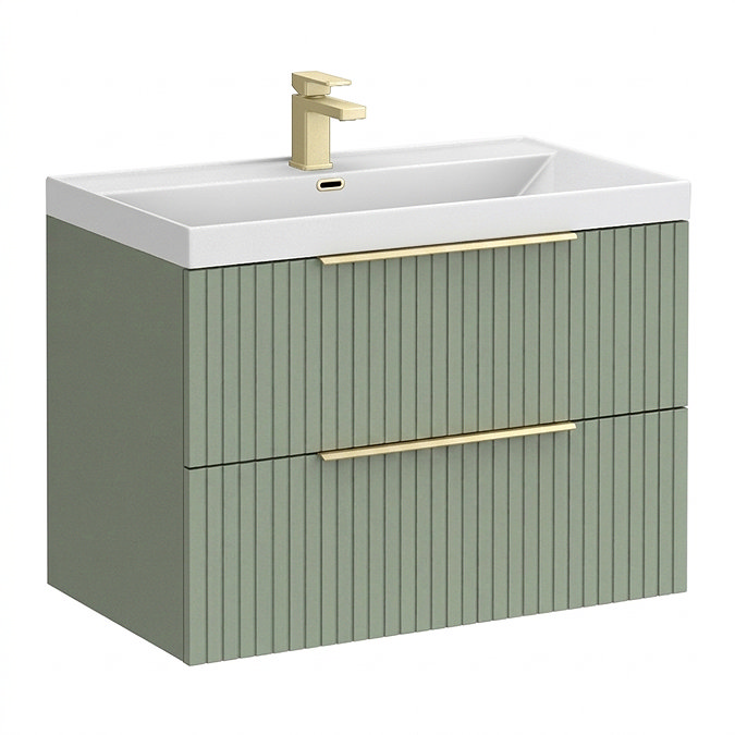 Milan Fluted 800mm Satin Green 2-Drawer Wall Hung Vanity Unit with Brushed Brass Handles