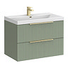 Milan Fluted 800mm Satin Green 2-Drawer Wall Hung Vanity Unit with Brushed Brass Handles