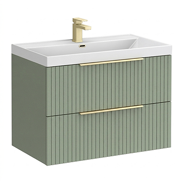 Milan Fluted 800mm Satin Green 2-Drawer Wall Hung Vanity Unit with Brushed Brass Handles