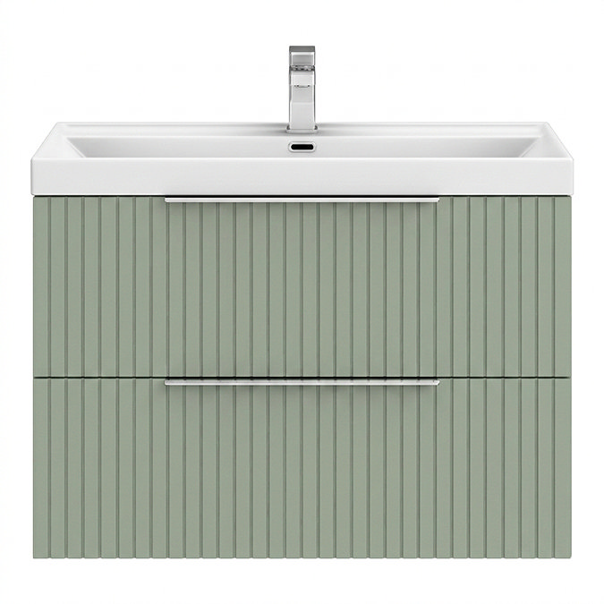 Milan Fluted 800mm Satin Green 2-Drawer Wall Hung Vanity Unit with Chrome Handles