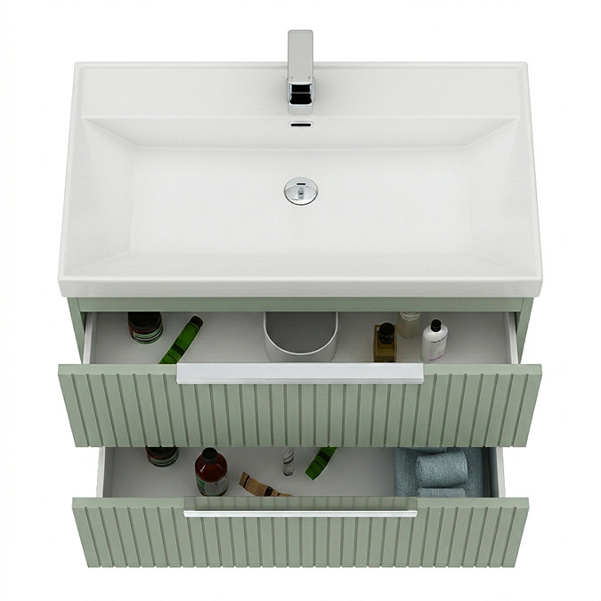 Milan Fluted 800mm Satin Green 2-Drawer Wall Hung Vanity Unit with Chrome Handles