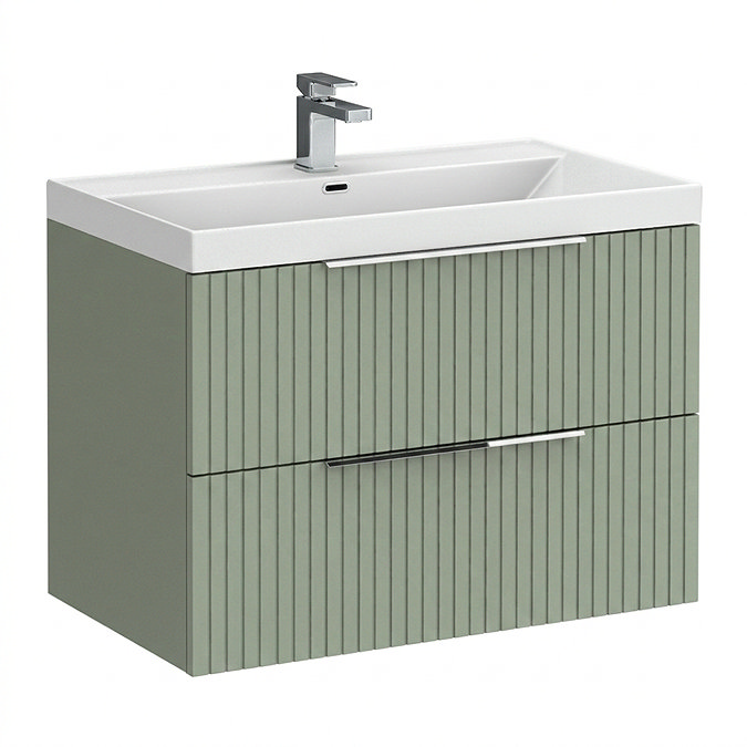 Milan Fluted 800mm Satin Green 2-Drawer Wall Hung Vanity Unit with Chrome Handles