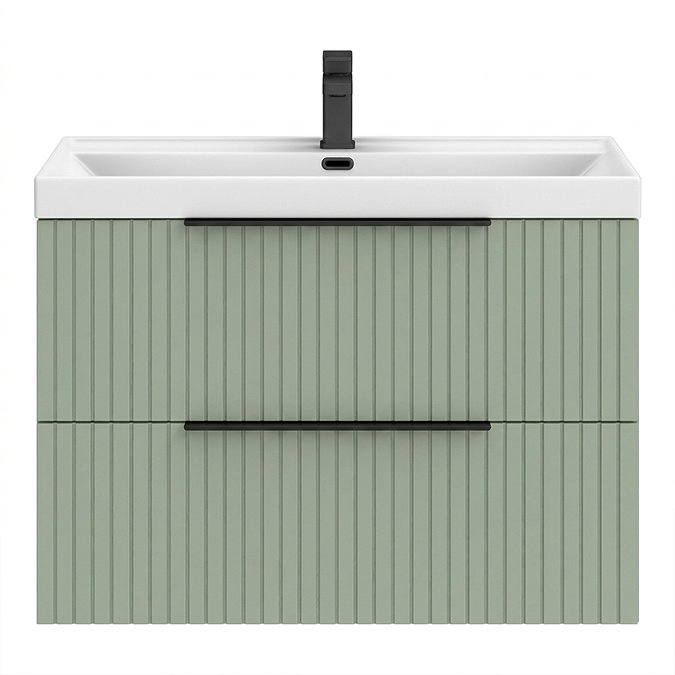 Milan Fluted 800mm Satin Green 2-Drawer Wall Hung Vanity Unit with Matt Black Handles