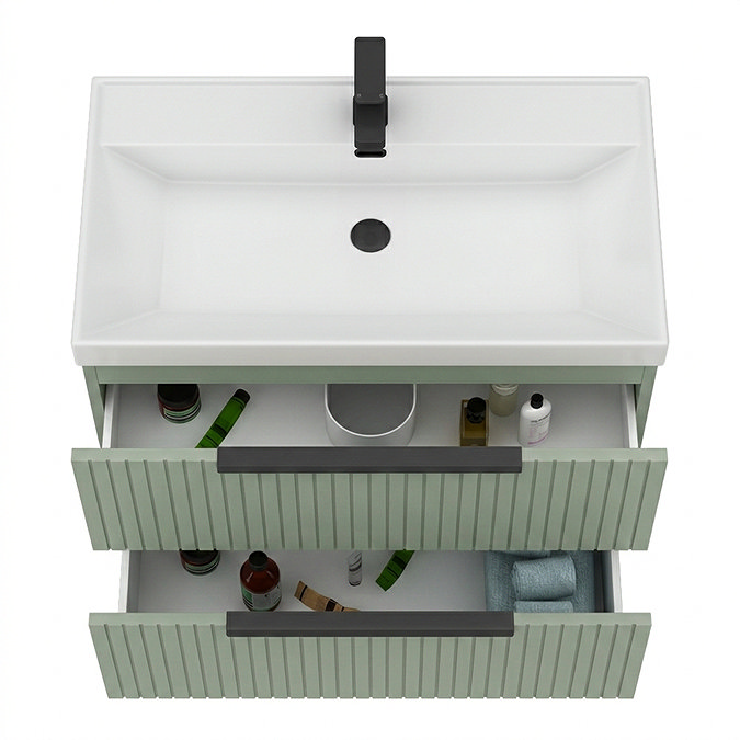 Milan Fluted 800mm Satin Green 2-Drawer Wall Hung Vanity Unit with Matt Black Handles