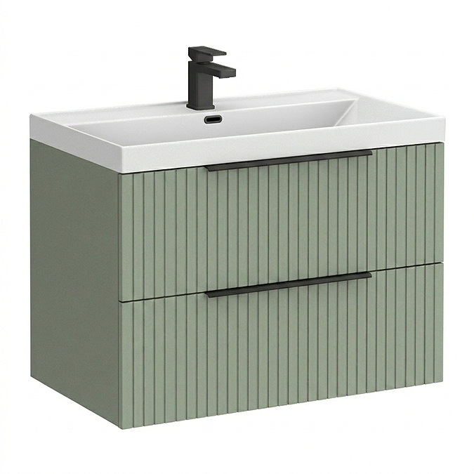 Milan Fluted 800mm Satin Green 2-Drawer Wall Hung Vanity Unit with Matt Black Handles