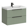 Milan Fluted 800mm Satin Green 2-Drawer Wall Hung Vanity Unit with Matt Black Handles