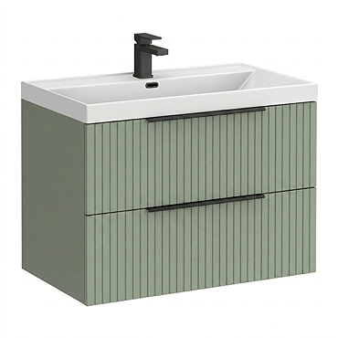 Milan Fluted 800mm Satin Green 2-Drawer Wall Hung Vanity Unit with Matt Black Handles