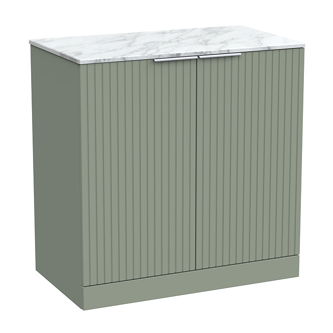 Milan Fluted 800mm Satin Green Vanity Unit - Floor Standing 2-Door Unit with Carrara Marble Worktop & Chrome Handles