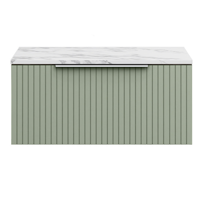 Milan Fluted 800mm Satin Green Vanity Unit - Wall Hung 1 Drawer Unit with Carrara Marble Worktop & Chrome Handle