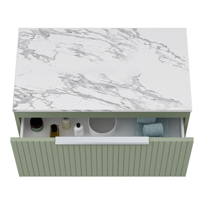 Milan Fluted 800mm Satin Green Vanity Unit - Wall Hung 1 Drawer Unit with Carrara Marble Worktop & Chrome Handle