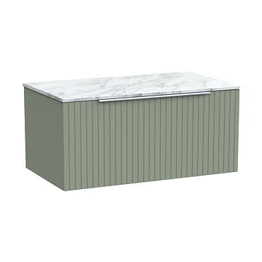 Milan Fluted 800mm Satin Green Vanity Unit - Wall Hung 1 Drawer Unit with Carrara Marble Worktop & Chrome Handle