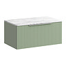 Milan Fluted 800mm Satin Green Vanity Unit - Wall Hung 1 Drawer Unit with Carrara Marble Worktop & Chrome Handle