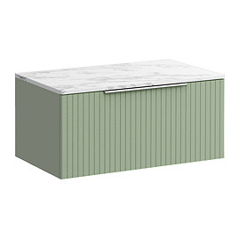 Milan Fluted 800mm Satin Green Vanity Unit - Wall Hung 1 Drawer Unit with Carrara Marble Worktop & Chrome Handle