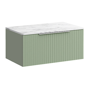 Milan Fluted 800mm Satin Green Vanity Unit - Wall Hung 1 Drawer Unit with Carrara Marble Worktop & Chrome Handle