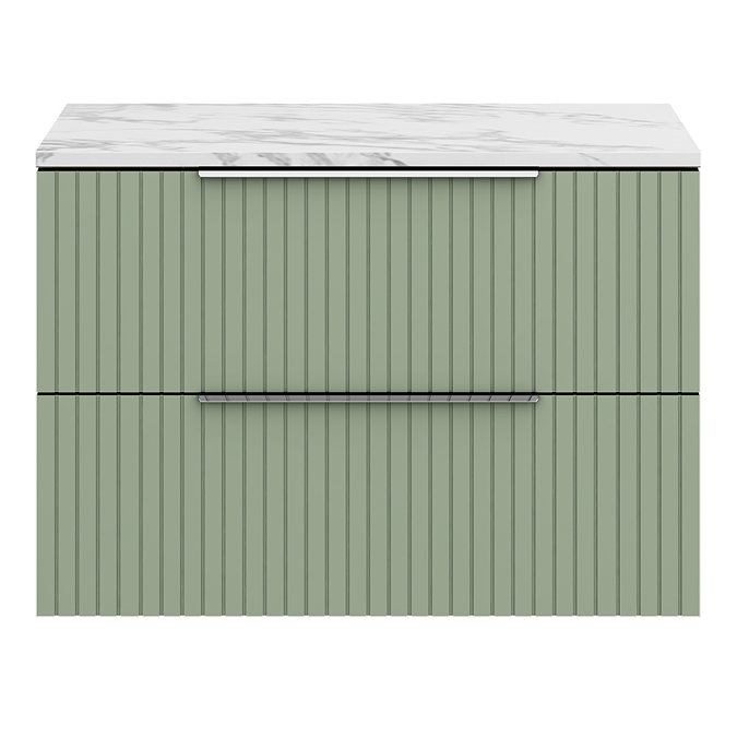 Milan Fluted 800mm Satin Green Vanity Unit - Wall Hung 2 Drawer Unit with Carrara Marble Worktop & Chrome Handles