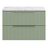 Milan Fluted 800mm Satin Green Vanity Unit - Wall Hung 2 Drawer Unit with Carrara Marble Worktop & Chrome Handles