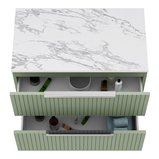 Milan Fluted 800mm Satin Green Vanity Unit - Wall Hung 2 Drawer Unit with Carrara Marble Worktop & Chrome Handles