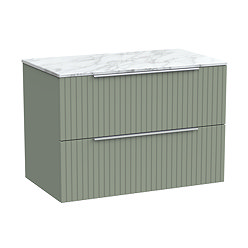 Milan Fluted 800mm Satin Green Vanity Unit - Wall Hung 2 Drawer Unit with Carrara Marble Worktop & Chrome Handles