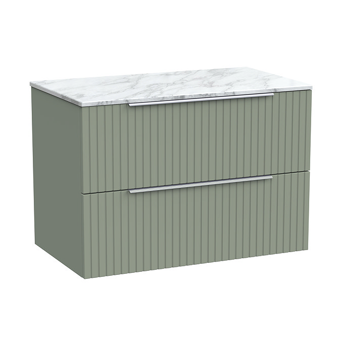 Milan Fluted 800mm Satin Green Vanity Unit - Wall Hung 2 Drawer Unit with Carrara Marble Worktop & Chrome Handles