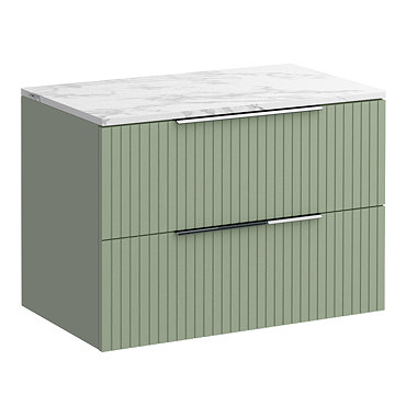 Milan Fluted 800mm Satin Green Vanity Unit - Wall Hung 2 Drawer Unit with Carrara Marble Worktop & Chrome Handles