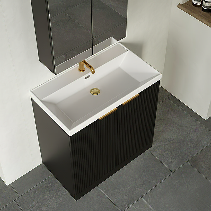 Milan Fluted 800mm Autumn Oak 2-Door Floor Standing Vanity Unit with Brushed Brass Handles