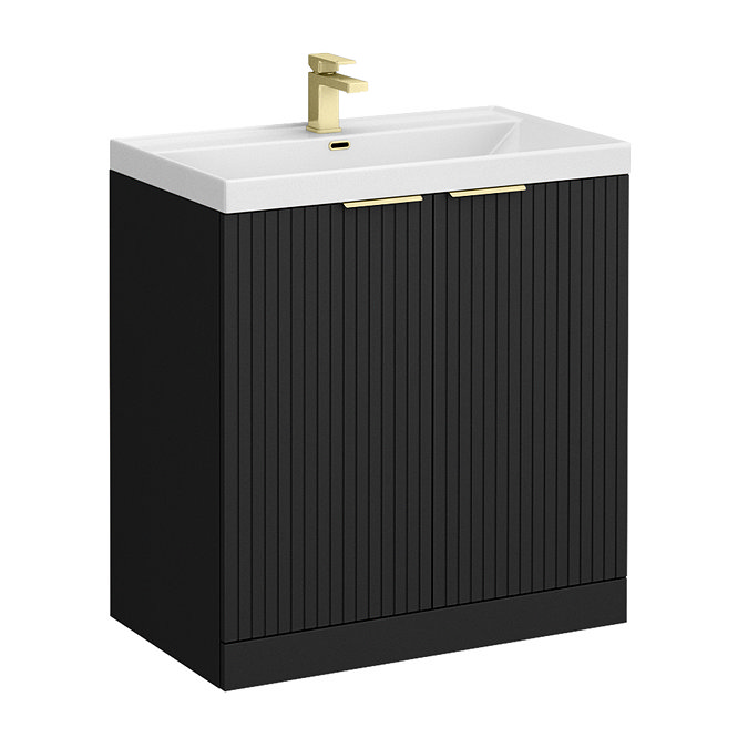 Milan Fluted 800mm Soft Black 2-Door Floor Standing Vanity Unit with Brushed Brass Handles