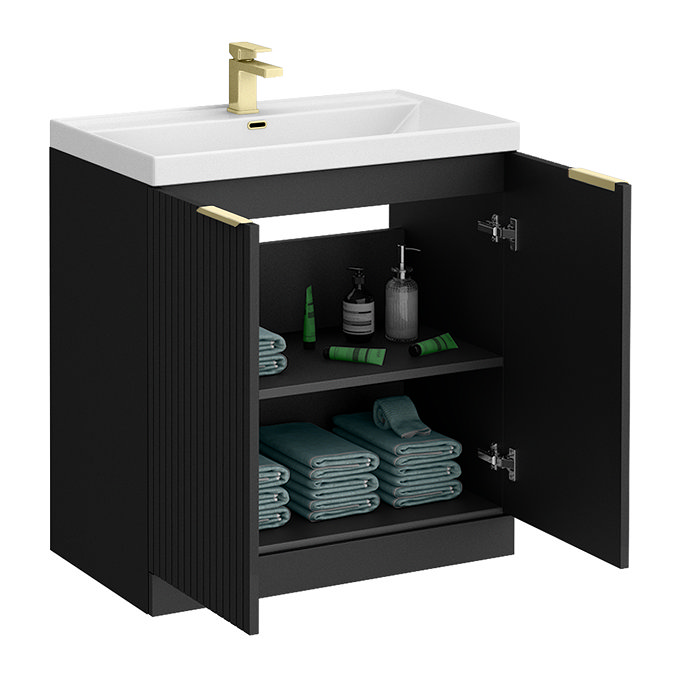 Milan Fluted 800mm Soft Black 2-Door Floor Standing Vanity Unit with Brushed Brass Handles