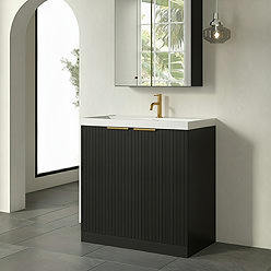 Milan Fluted 800mm Soft Black 2-Door Floor Standing Vanity Unit with Brushed Brass Handles