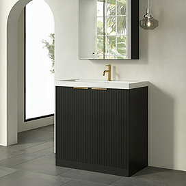 Milan Fluted 800mm Soft Black 2-Door Floor Standing Vanity Unit with Brushed Brass Handles