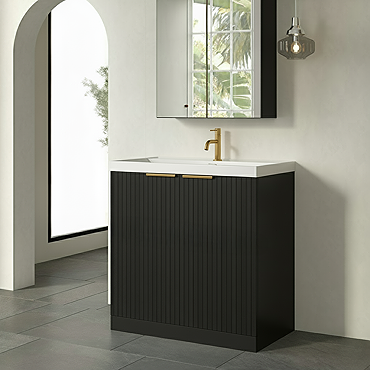Milan Fluted 800mm Autumn Oak 2-Door Floor Standing Vanity Unit with Brushed Brass Handles