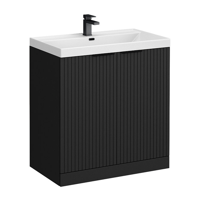 Milan Fluted 800mm Soft Black 2-Door Floor Standing Vanity Unit with Matt Black Handles