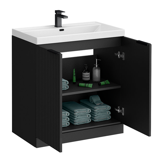 Milan Fluted 800mm Soft Black 2-Door Floor Standing Vanity Unit with Matt Black Handles