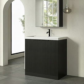 Milan Fluted 800mm Soft Black 2-Door Floor Standing Vanity Unit with Matt Black Handles