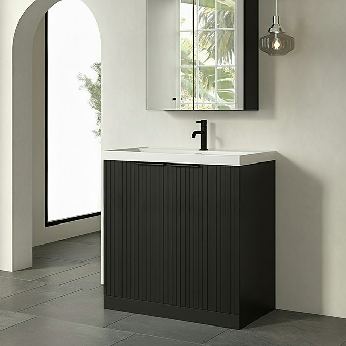 Milan Fluted 800mm Soft Black 2-Door Floor Standing Vanity Unit with Matt Black Handles