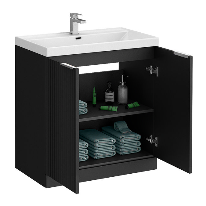 Milan Fluted 800mm Soft Black 2-Door Floor Standing Vanity Unit