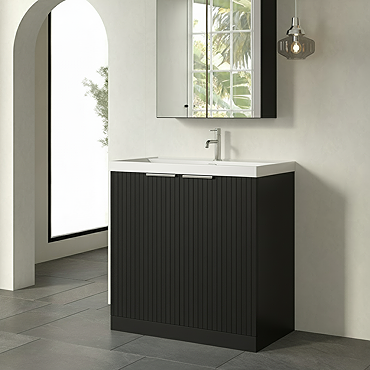Milan Fluted 800mm Soft Black 2-Door Floor Standing Vanity Unit