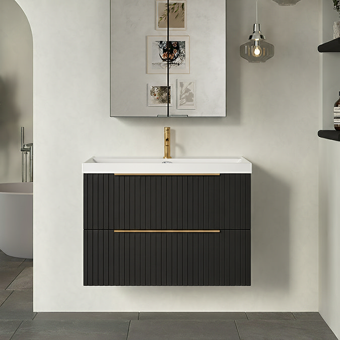 Milan Fluted 800mm Soft Black 2-Drawer Wall Hung Vanity Unit with Brushed Brass Handles