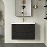 Milan Fluted 800mm Soft Black 2-Drawer Wall Hung Vanity Unit with Brushed Brass Handles