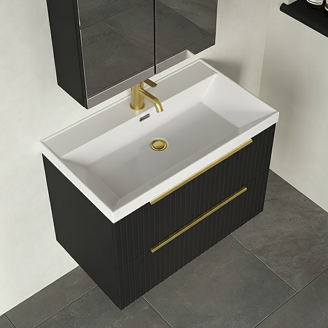 Milan Fluted 800mm Soft Black 2-Drawer Wall Hung Vanity Unit with Brushed Brass Handles