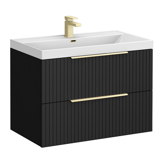 Milan Fluted 800mm Soft Black 2-Drawer Wall Hung Vanity Unit with Brushed Brass Handles