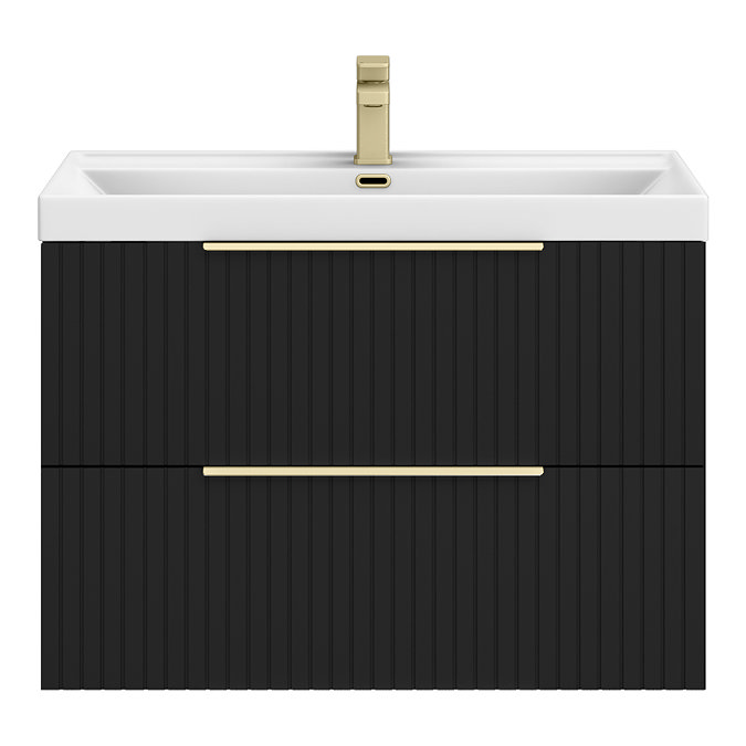 Milan Fluted 800mm Soft Black 2-Drawer Wall Hung Vanity Unit with Brushed Brass Handles