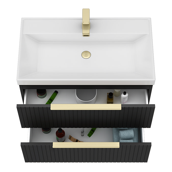 Milan Fluted 800mm Soft Black 2-Drawer Wall Hung Vanity Unit with Brushed Brass Handles