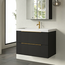Milan Fluted 800mm Soft Black 2-Drawer Wall Hung Vanity Unit with Brushed Brass Handles
