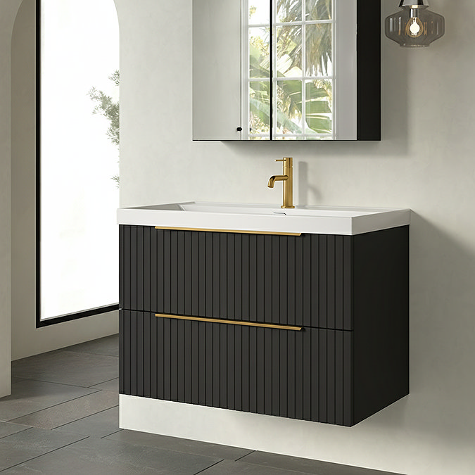 Milan Fluted 800mm Soft Black 2-Drawer Wall Hung Vanity Unit with Brushed Brass Handles
