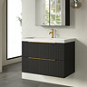 Milan Fluted 800mm Soft Black 2-Drawer Wall Hung Vanity Unit with Brushed Brass Handles