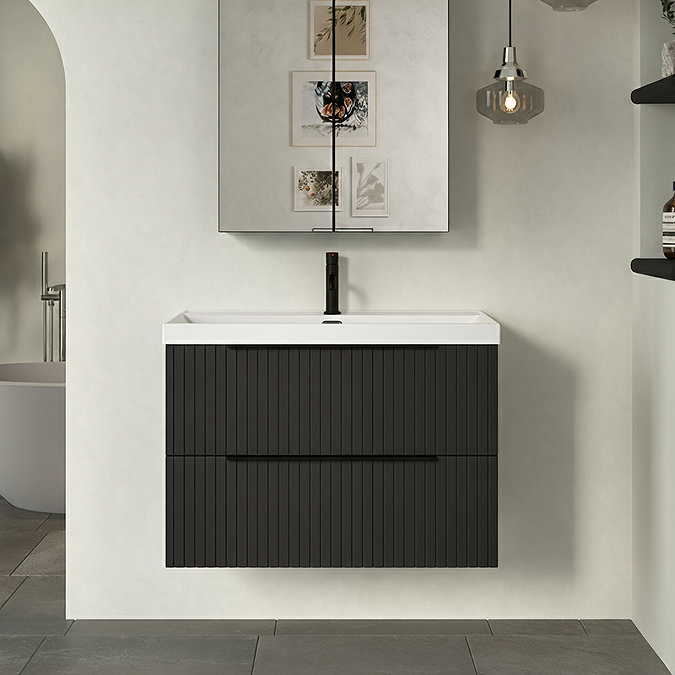 Milan Fluted 800mm Soft Black 2-Drawer Wall Hung Vanity Unit with Matt Black Handles