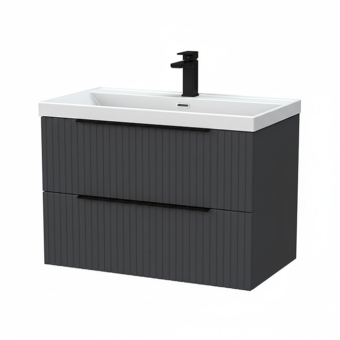 Milan Fluted 800mm Soft Black 2-Drawer Wall Hung Vanity Unit with Matt Black Handles
