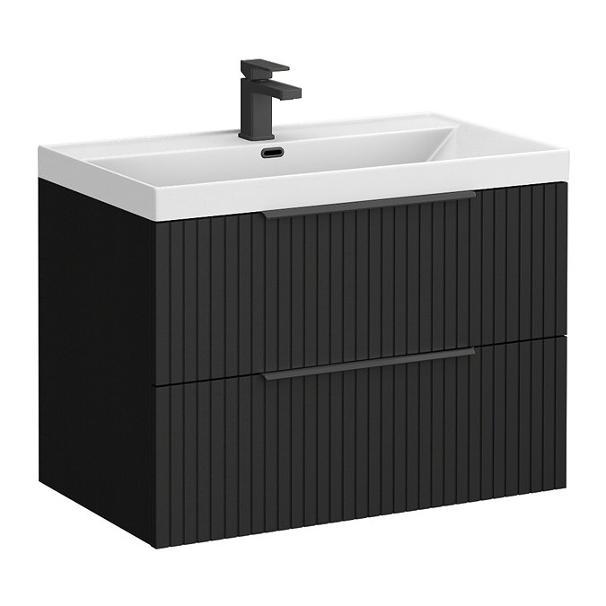 Milan Fluted 800mm Soft Black 2-Drawer Wall Hung Vanity Unit with Matt Black Handles